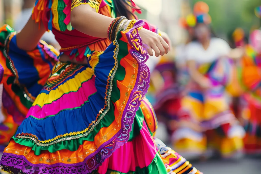 A person in a colorful traditional dress dances; more dancers in similar outfits are visible in the blurred background.
